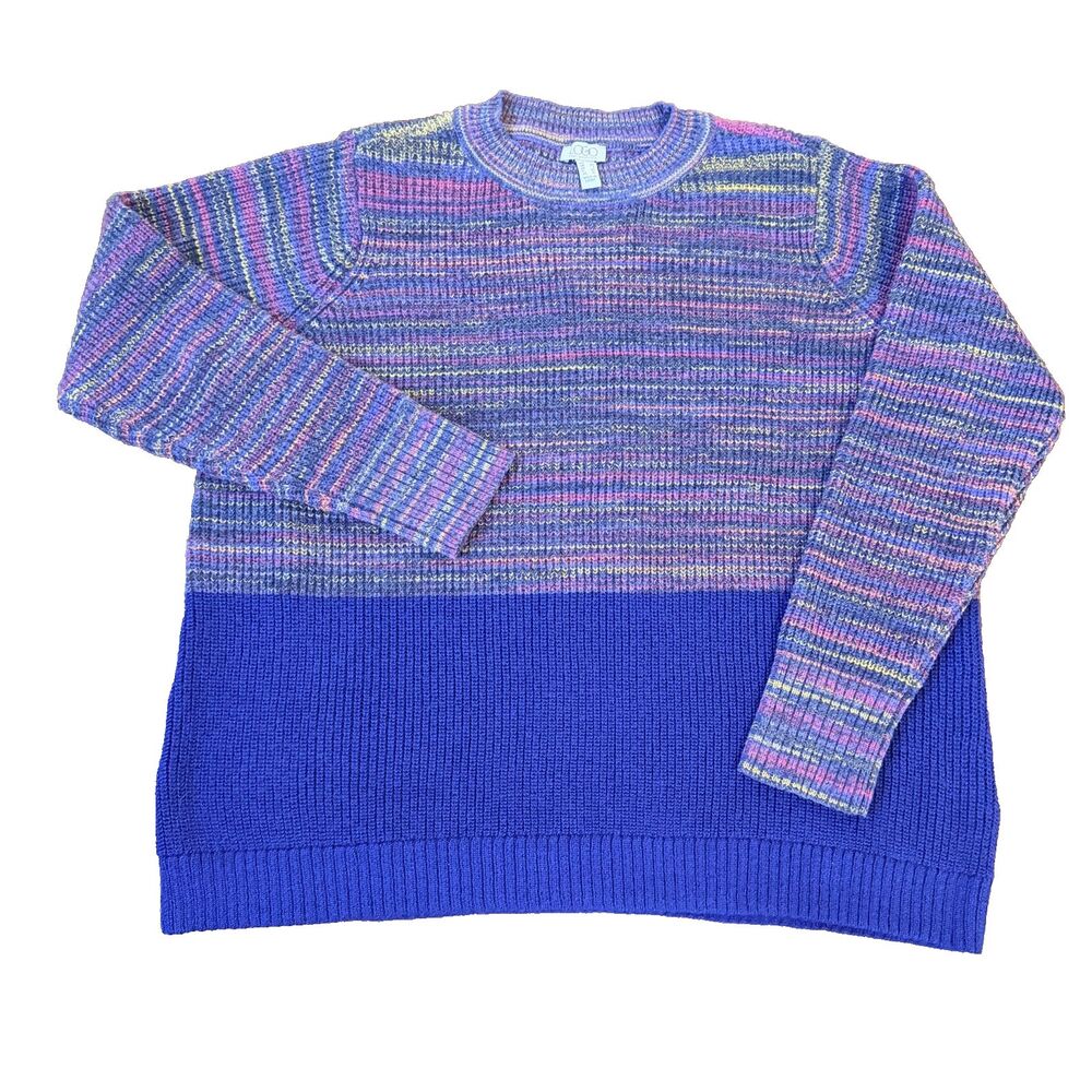 LOGO Lori Goldstein Womens L Blue Space Dye Colorblock Crewneck Knit Sweater